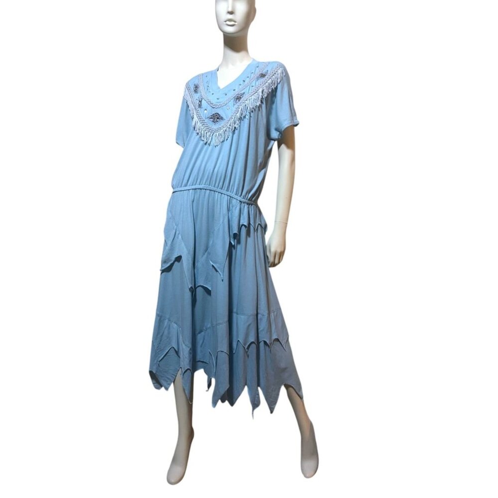 Vintage Donna Toran Dress L Midi Fringe Celestial Western Cowgirl Asymmetric